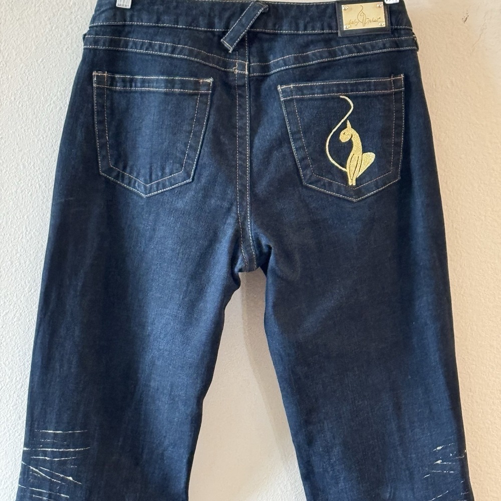 Baby Phat Y2K Bootcut Jeans Gold Paint Distressed Cat Logo Womens 11